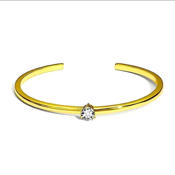 Gold Solitaire Zircon Cuff Bangle Simple Plain Adjustable Bracelet - Picture 7 of 8